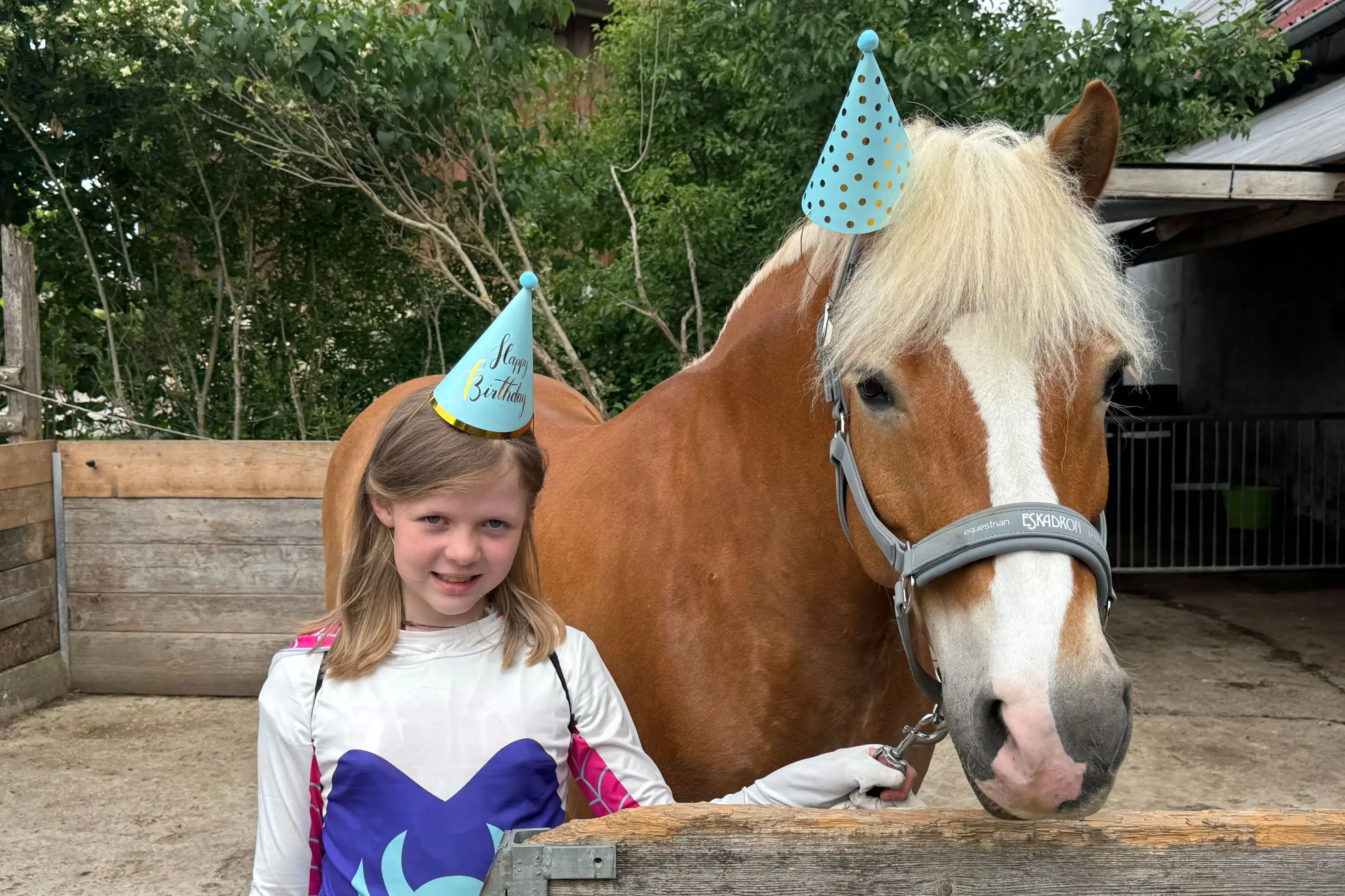 Ein Kind steht neben einem Pferd. Beide haben einen Partyhut mit der Beschriftung 'Happy Birthday' auf.