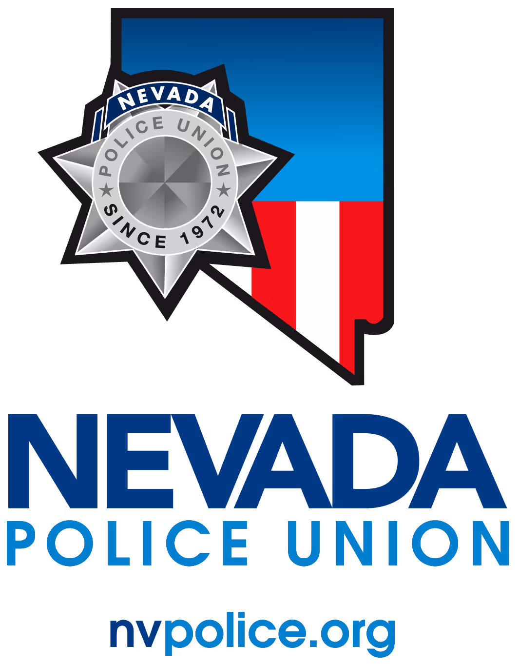 Nevada Police Union logo featuring a star-shaped badge with text 'Police Union Since 1972' over a Nevada state outline with red, white, and blue colors, and the web address nvpolice.org below.