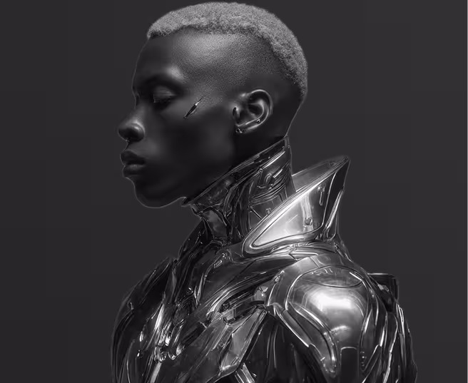 Cinematic black portrait of a male character with a metallic cybernetic armor in dark moody lighting.