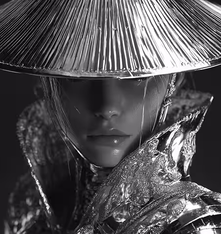 Futuristic black portrait of a person wearing a traditional conical hat