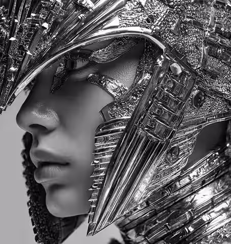 Futuristic black portrait of a person wearing a traditional conical hat 