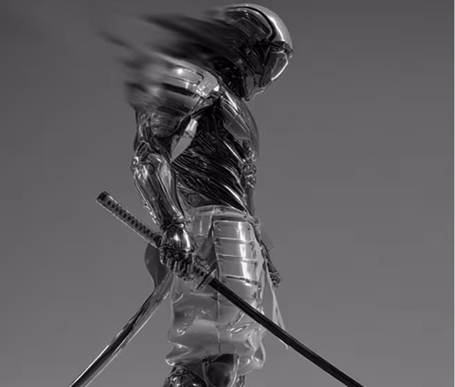 Black side profile of a futuristic female model with cybernetic skin and metallic headwear