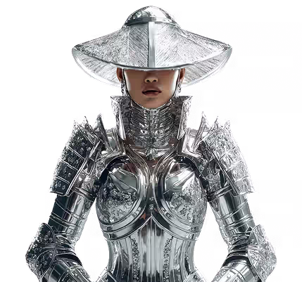 Full-body futuristic character in shimmering silver cybernetic armor and a wide conical hat