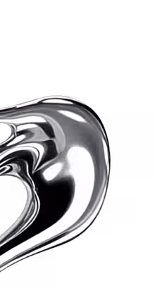 Left abstract liquid chrome element with high-gloss metallic reflections