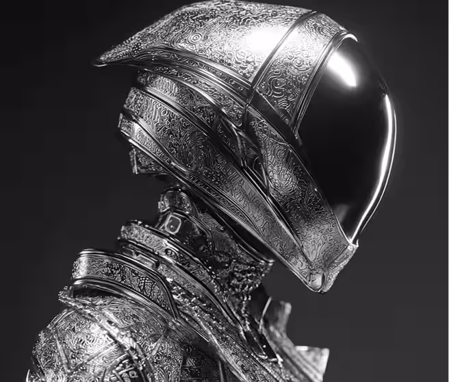Close-up of a high-tech robotic helmet with glowing visor 