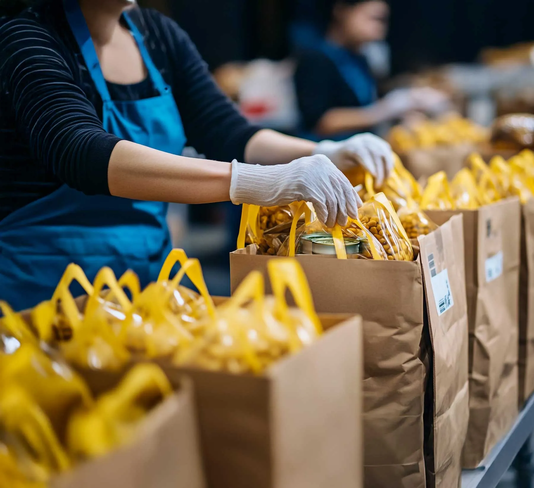 Woman grabs paper back full of donated goods with gloved hands.