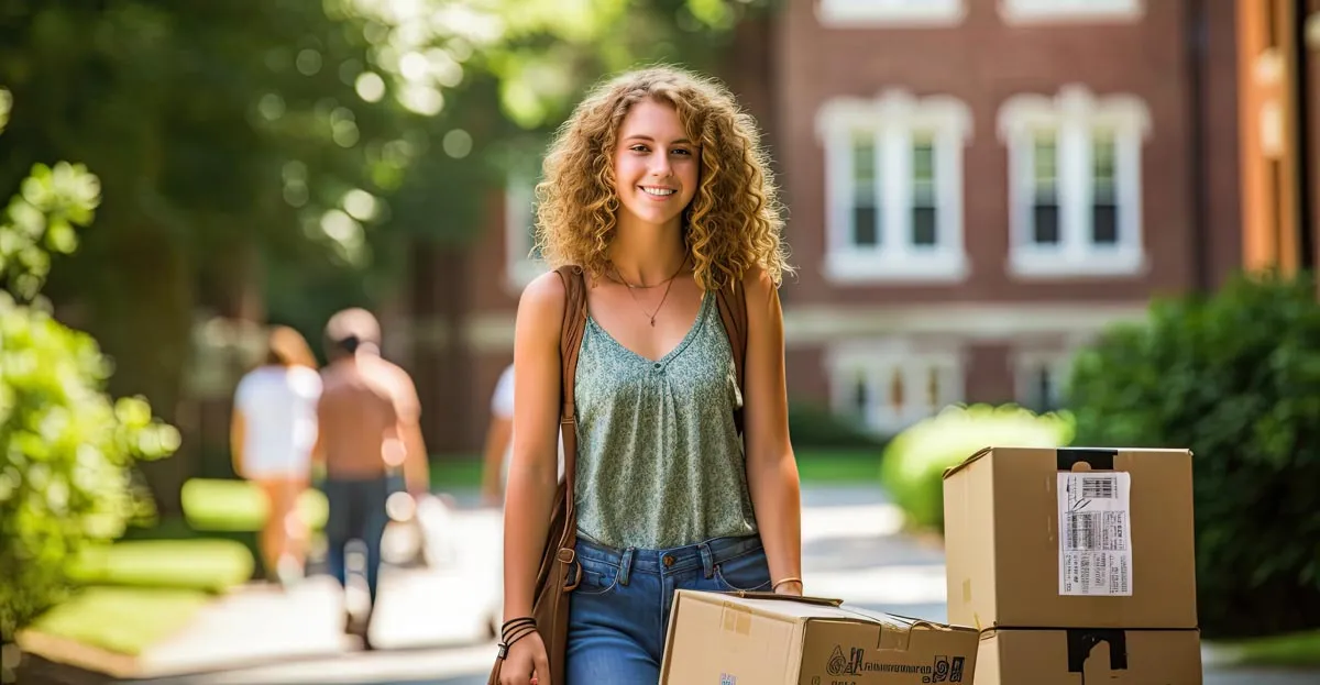 Smiling young woman with curly hair carrying cardboard boxes outdoors on a sunny day.