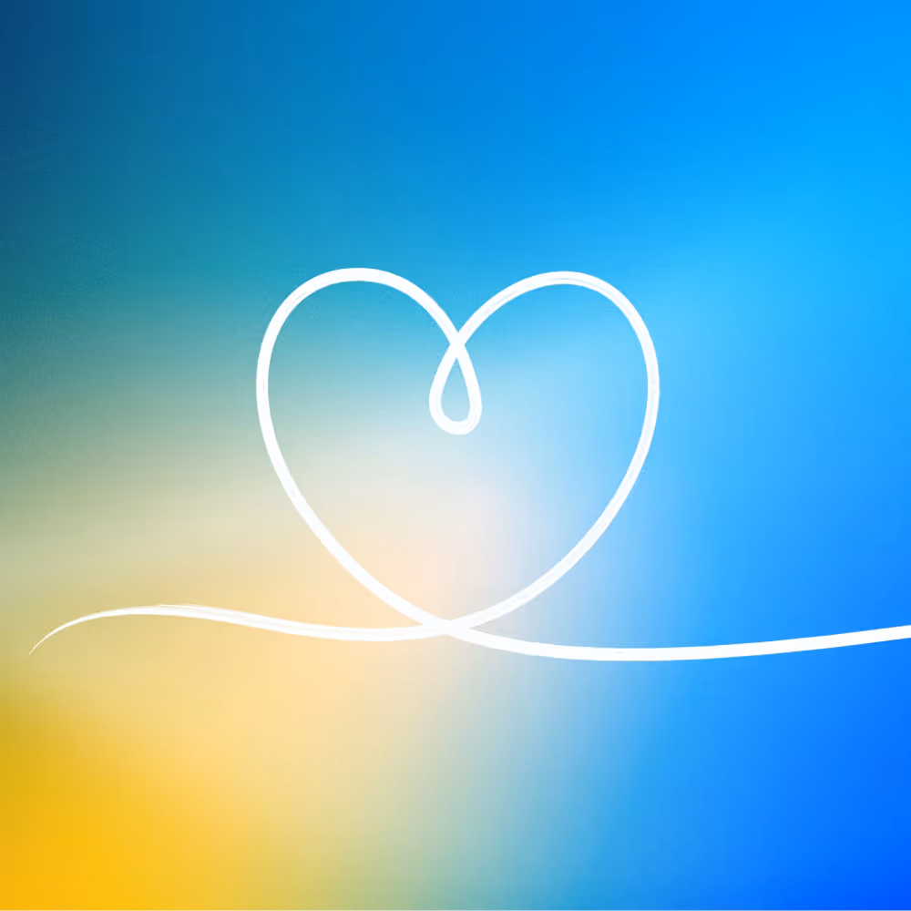 White continuous line drawing of a heart shape on a gradient background of blue, green, and yellow.