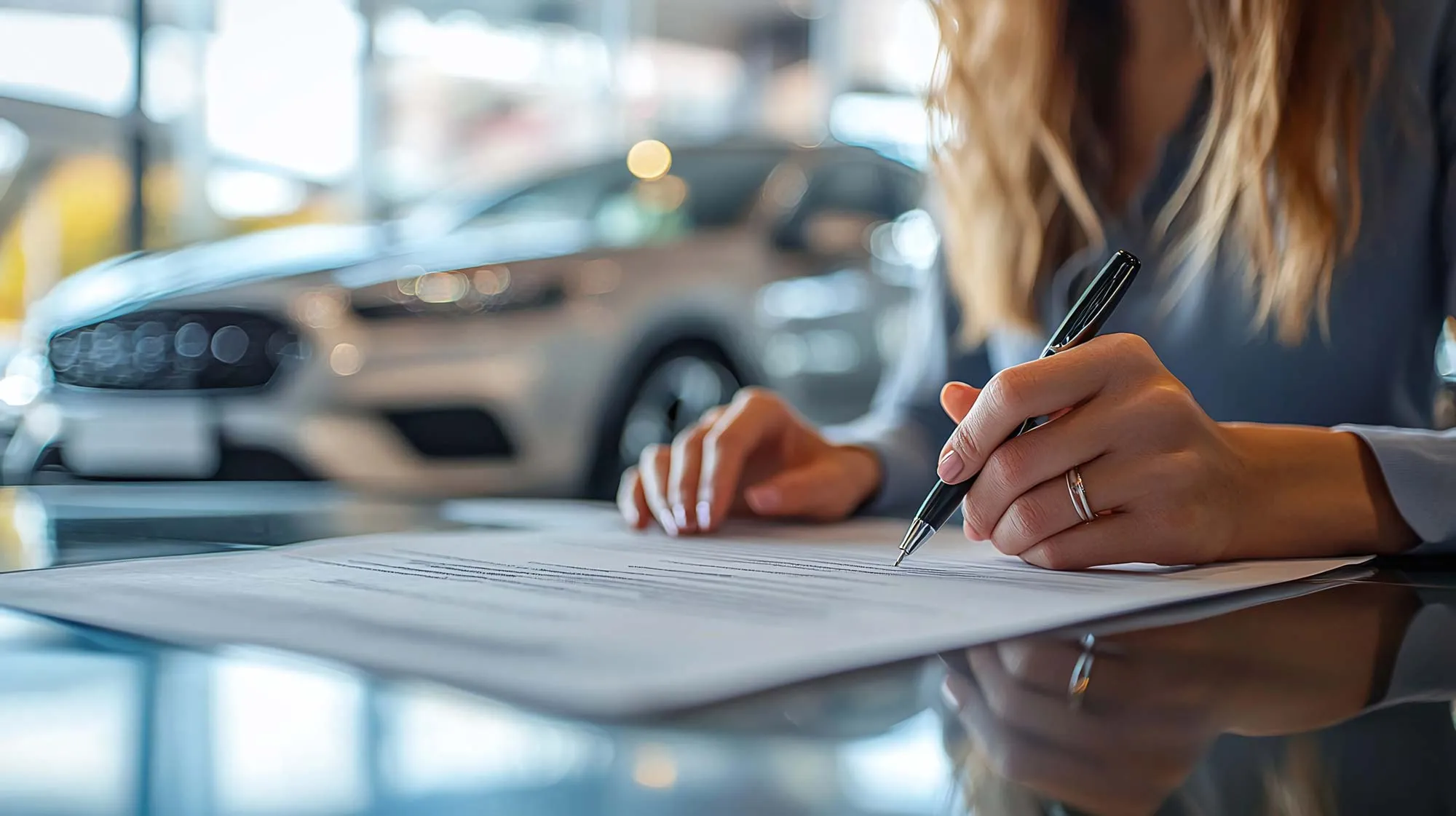 Person signing a document on a desk with a silver car blurred in the background.