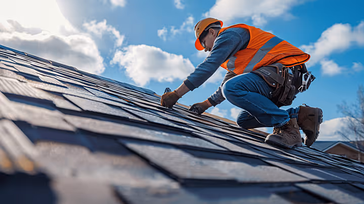 Roofer in orange safety vest and helmet installing shingles on rooftop under a partly cloudy sky.