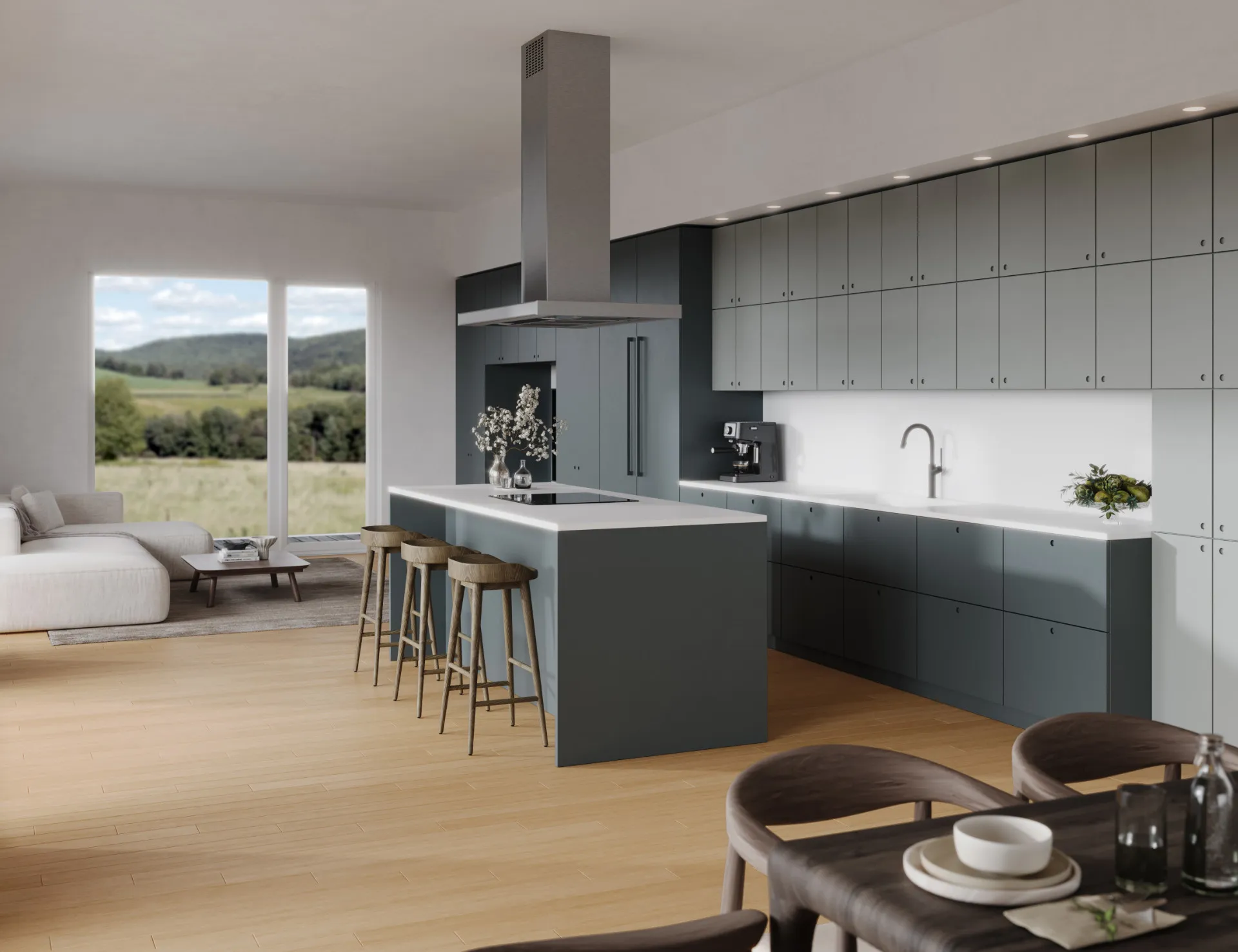 Modern kitchen with dark gray cabinetry, white countertops, kitchen island with wooden stools, and large windows.