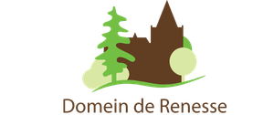 Logo met een groene dennenboom, een bruin kasteel en een groen landschap met de tekst 'Domein de Renesse'.