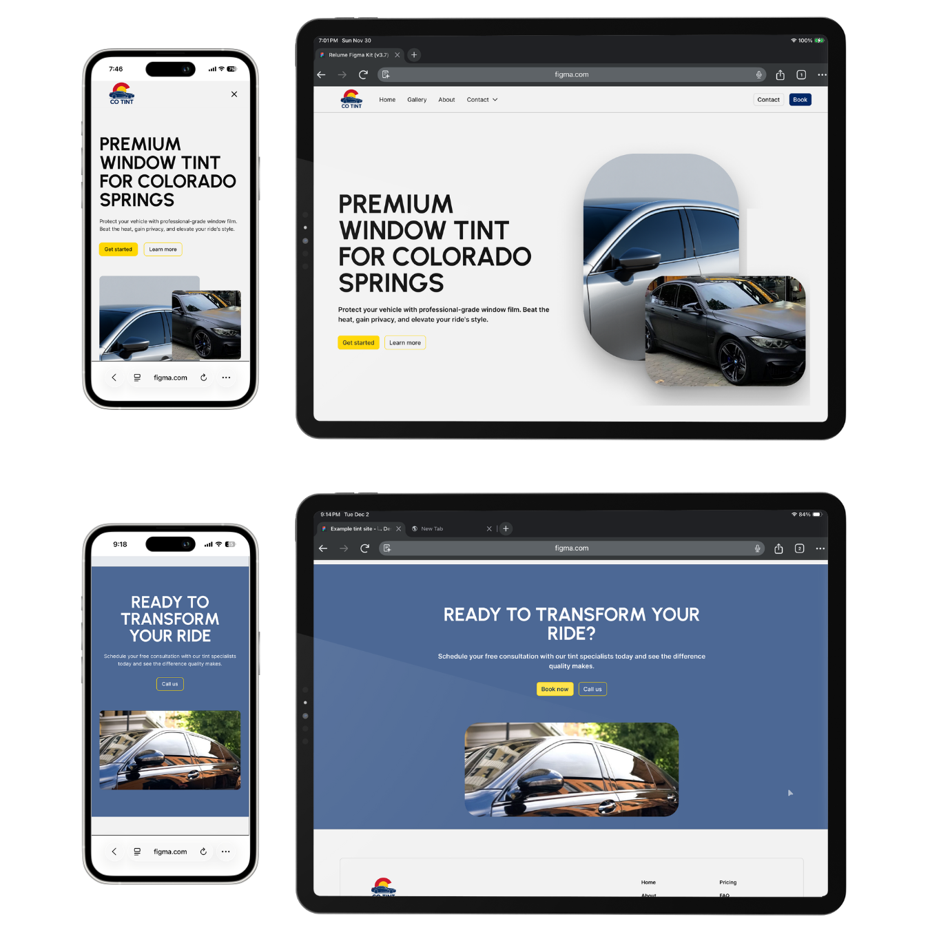 Mobile phone and tablet screens showing a window tint service website with sections titled 'Premium Window Tint for Colorado Springs' and 'Ready to Transform Your Ride?' featuring images of tinted cars and call-to-action buttons.