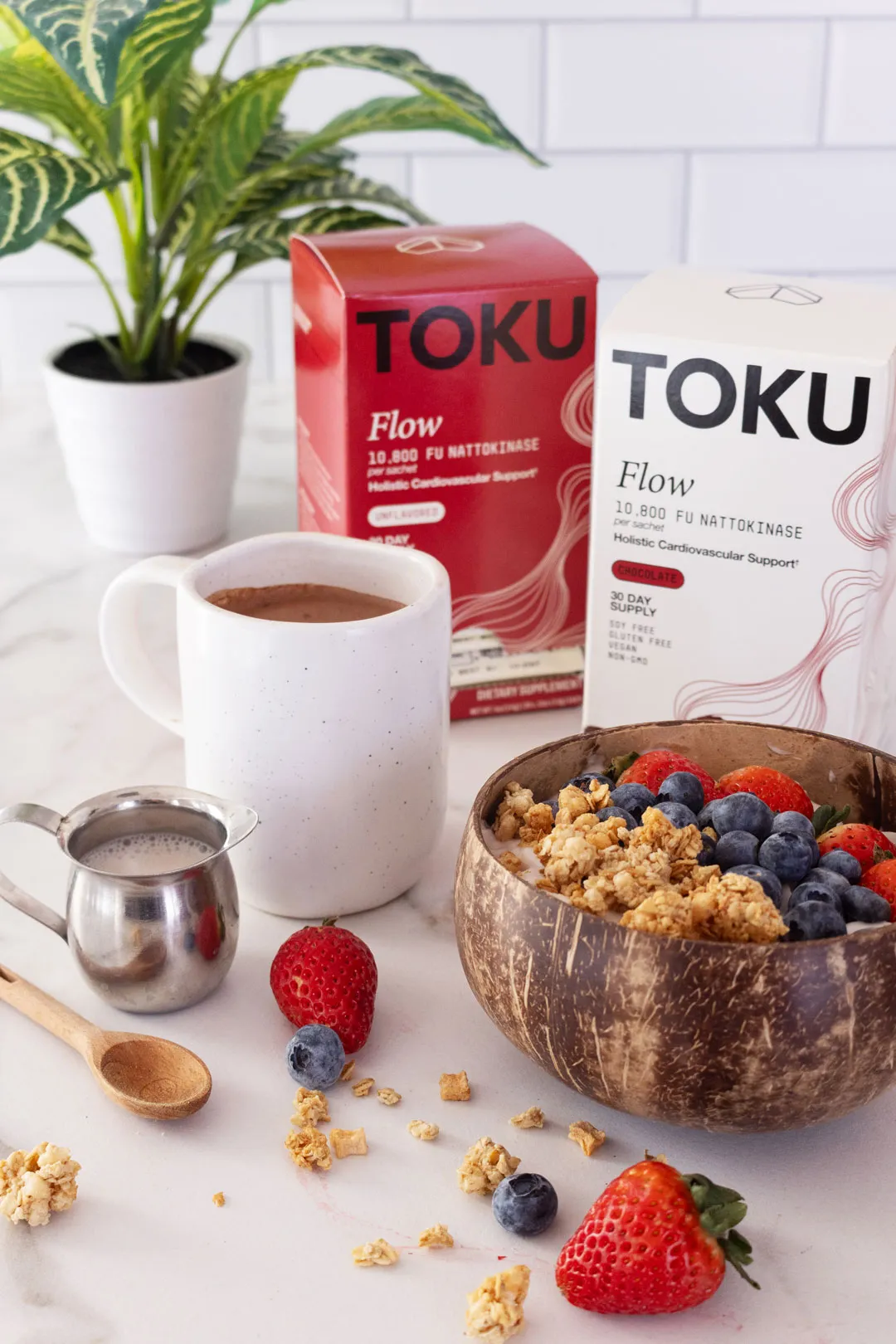 Toku Flow unflavored nattokinase supplement in smoothie bowl. 