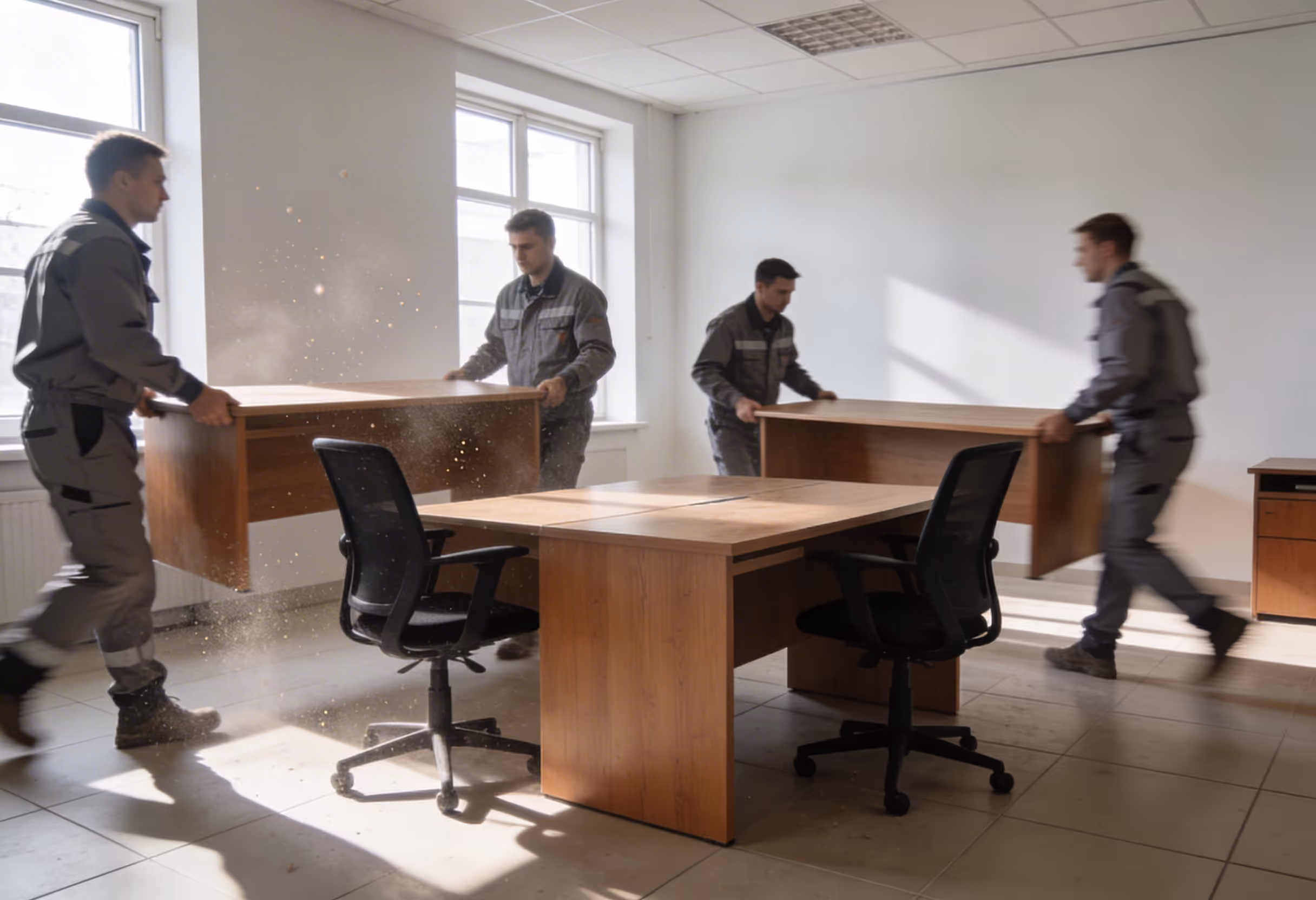 Vier Handwerker tragen zwei große Holztische in ein helles Büro mit schwarzen Bürostühlen im laufe einer Büroauflösung