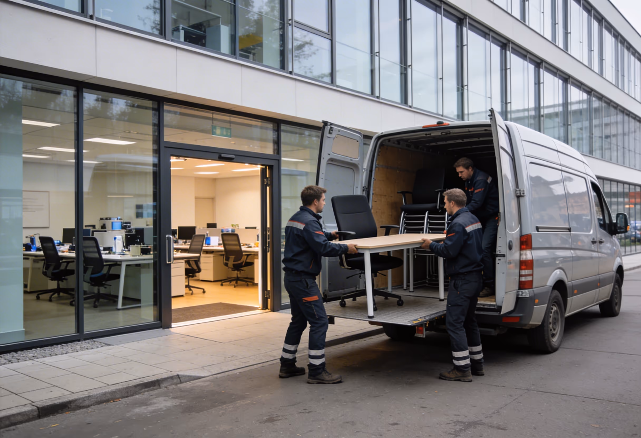 Drei Männer entrümpeln ein Büro und laden Bürostühle und einen Tisch aus einem weißen Lieferwagen vor einem modernen Bürogebäude aus Glasfenstern.