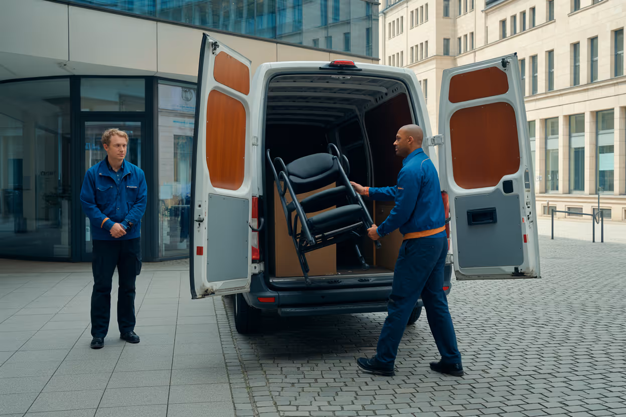 Zwei Arbeiter in blauen Uniformen laden zusammen einen Stuhl in ein weißes Lieferfahrzeug in einem urbanen Raum während einer Büroentrümpelung