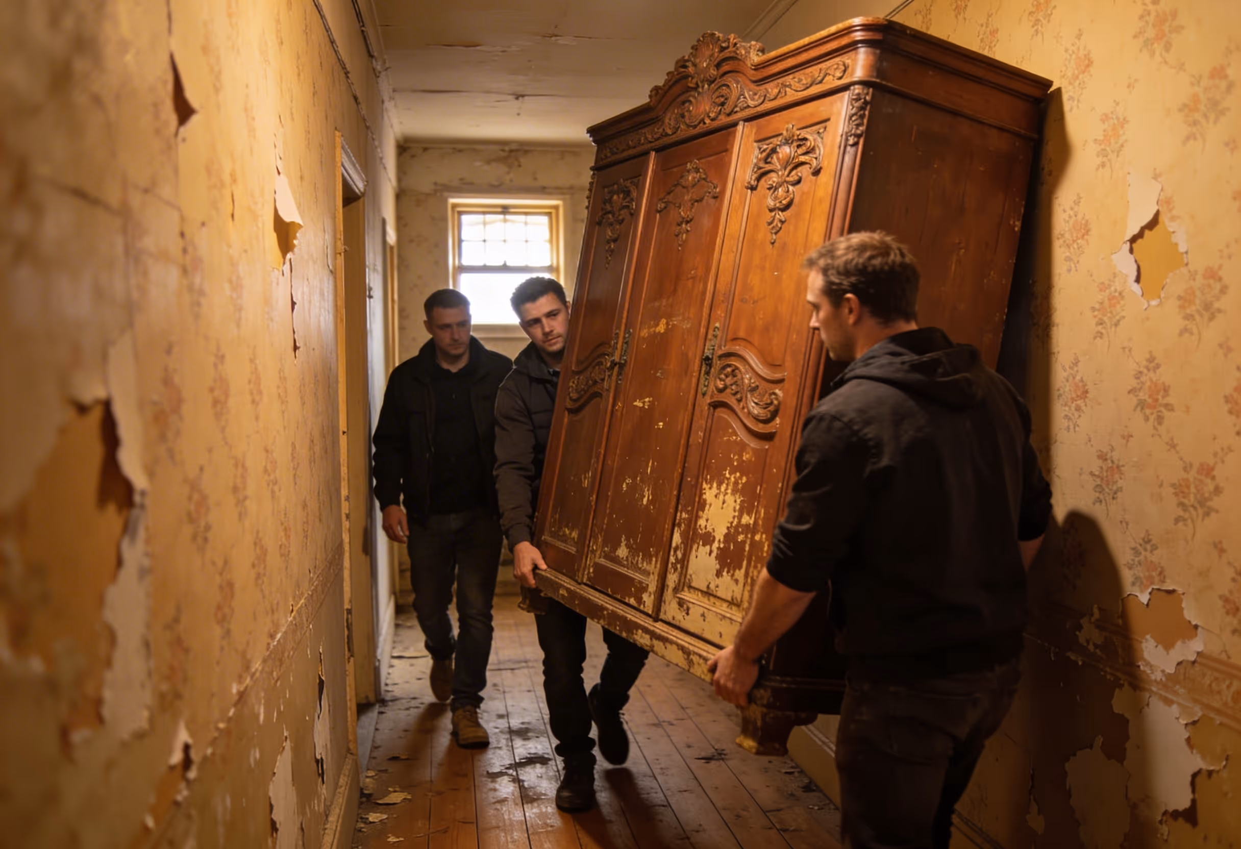 Drei Männer einer Entrümpelungsfirms tragen in einem schmalen, alten Flur einen großen, verzierten Holzschrank.