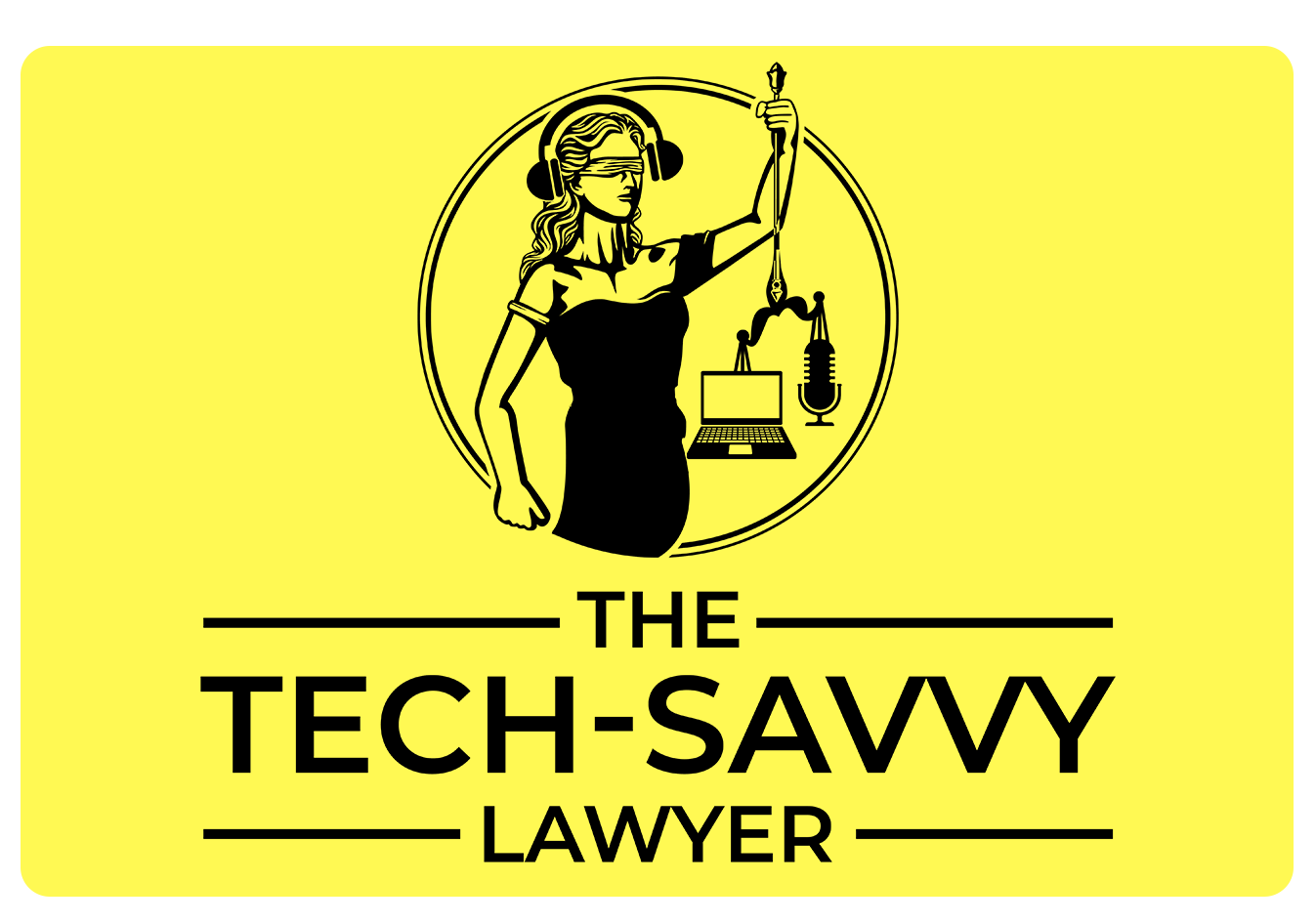 Blindfolded Lady Justice with headphones holding scales with laptop and microphone, tech-savvy lawyer logo.