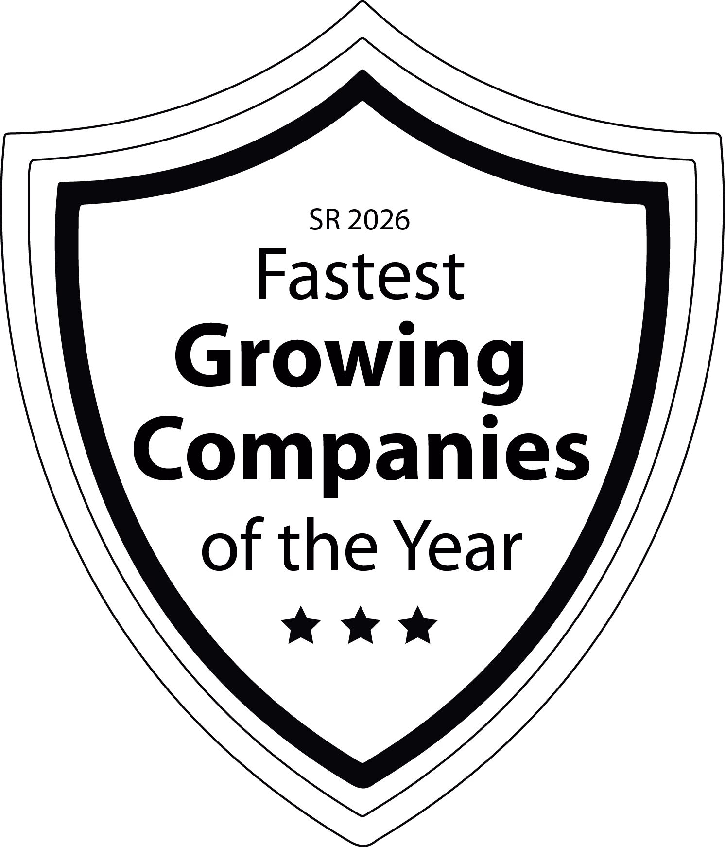 Shield emblem with text: SR 2026 Fastest Growing Companies of the Year and three stars.