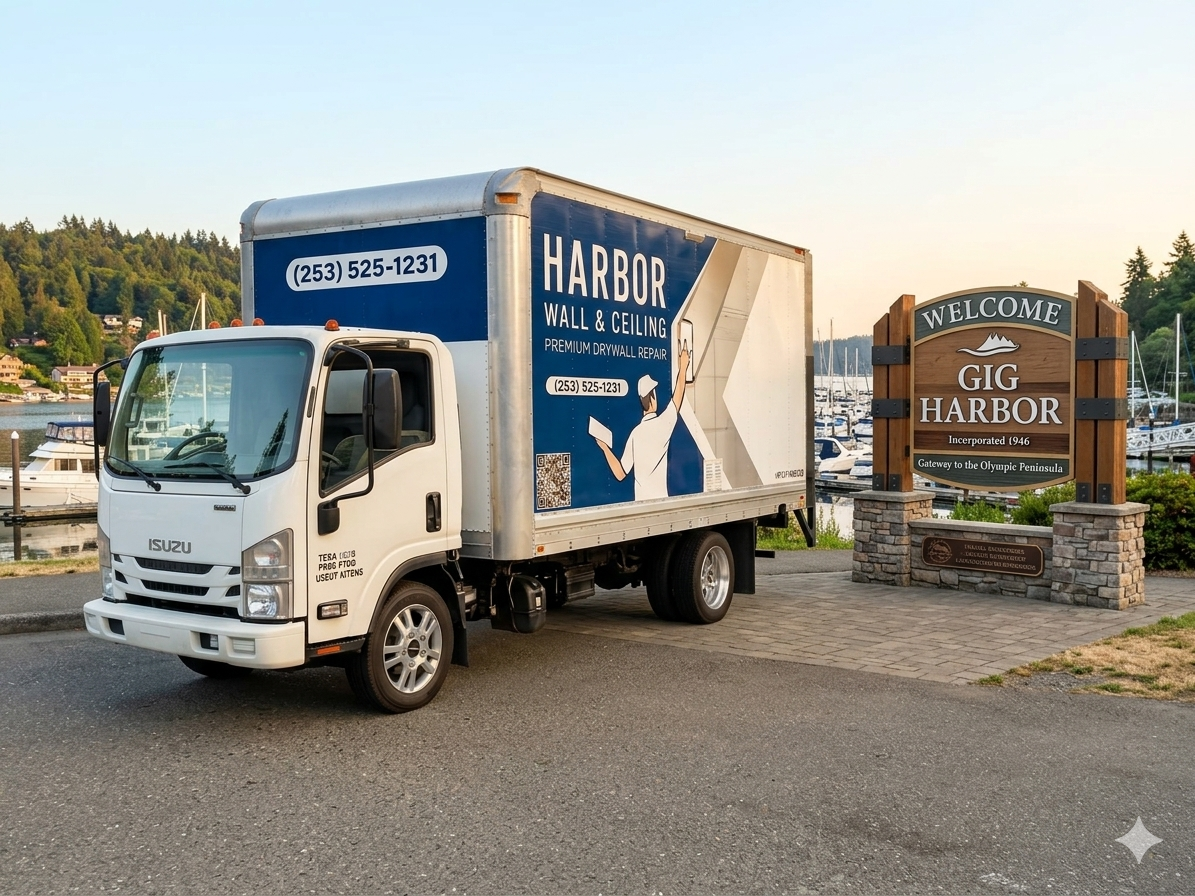 Harbor Wall & Ceiling Service truck parked in front of the Gig Harbor, WA city sign