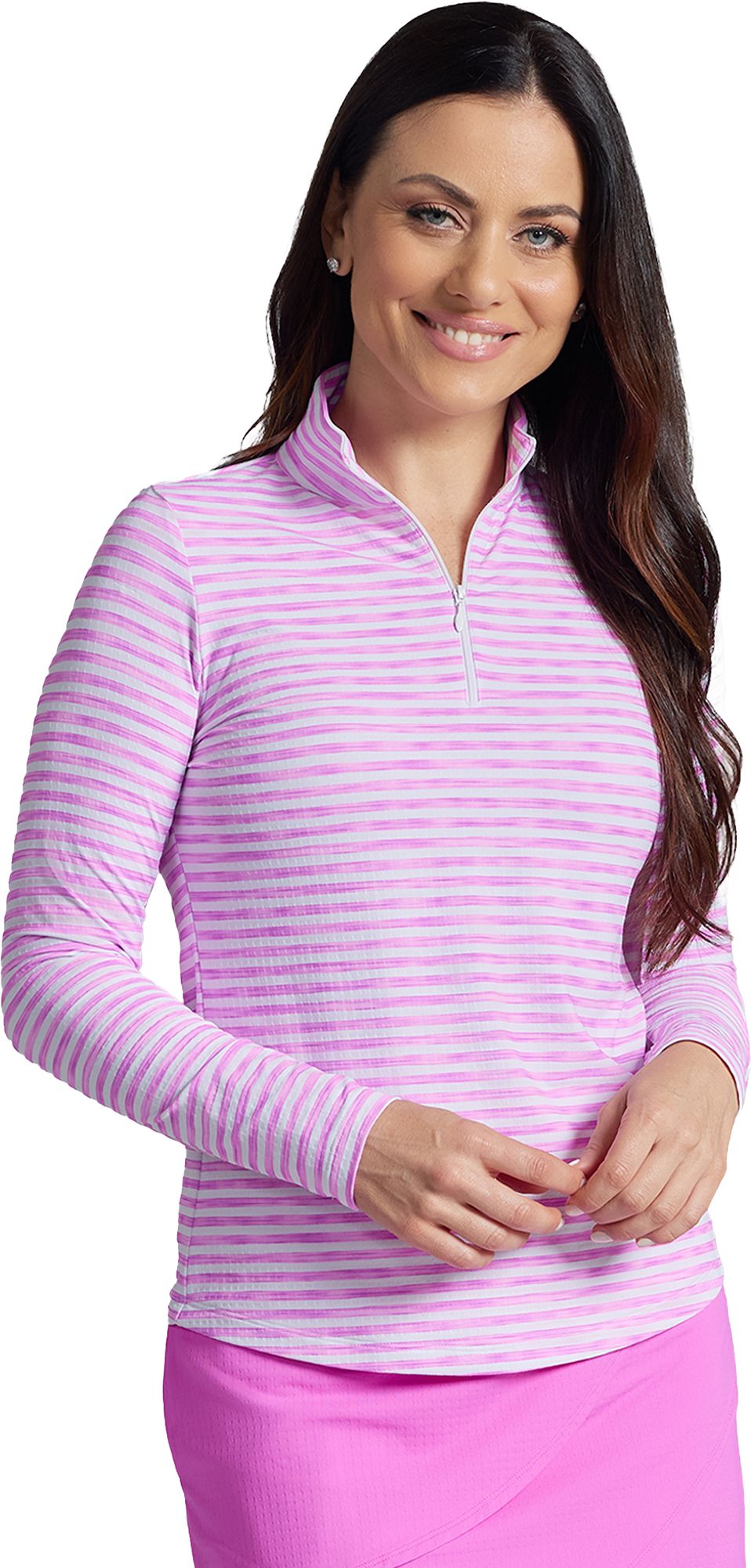 IBKUL Women's Landon Stripe Print Long Sleeve 1/4 Zip Mock Neck Golf Shirt