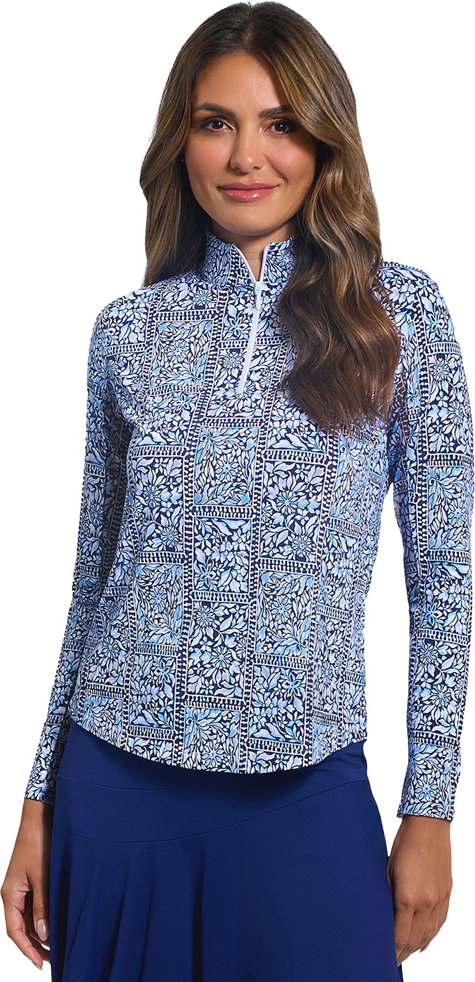 IBKUL Women's Josie Print Long Sleeve Mock Neck Golf Shirt