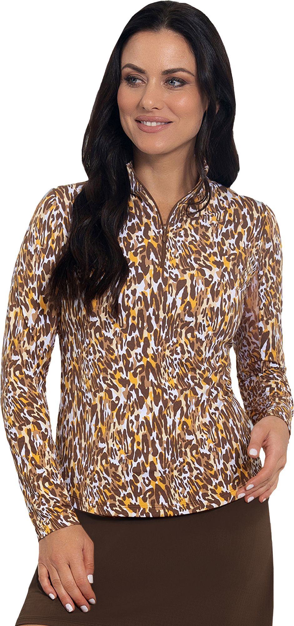 IBKUL Women's Karen Print Long Sleeve Mock Neck Golf Shirt