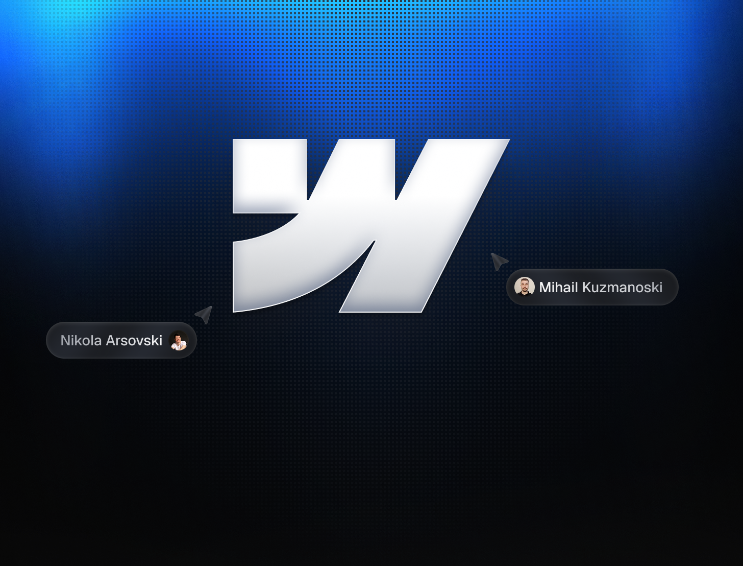 Silver stylized logo in center on dark blue to black gradient background with user tags for Nikola Arsovski and Mihail Kuzmanoski.