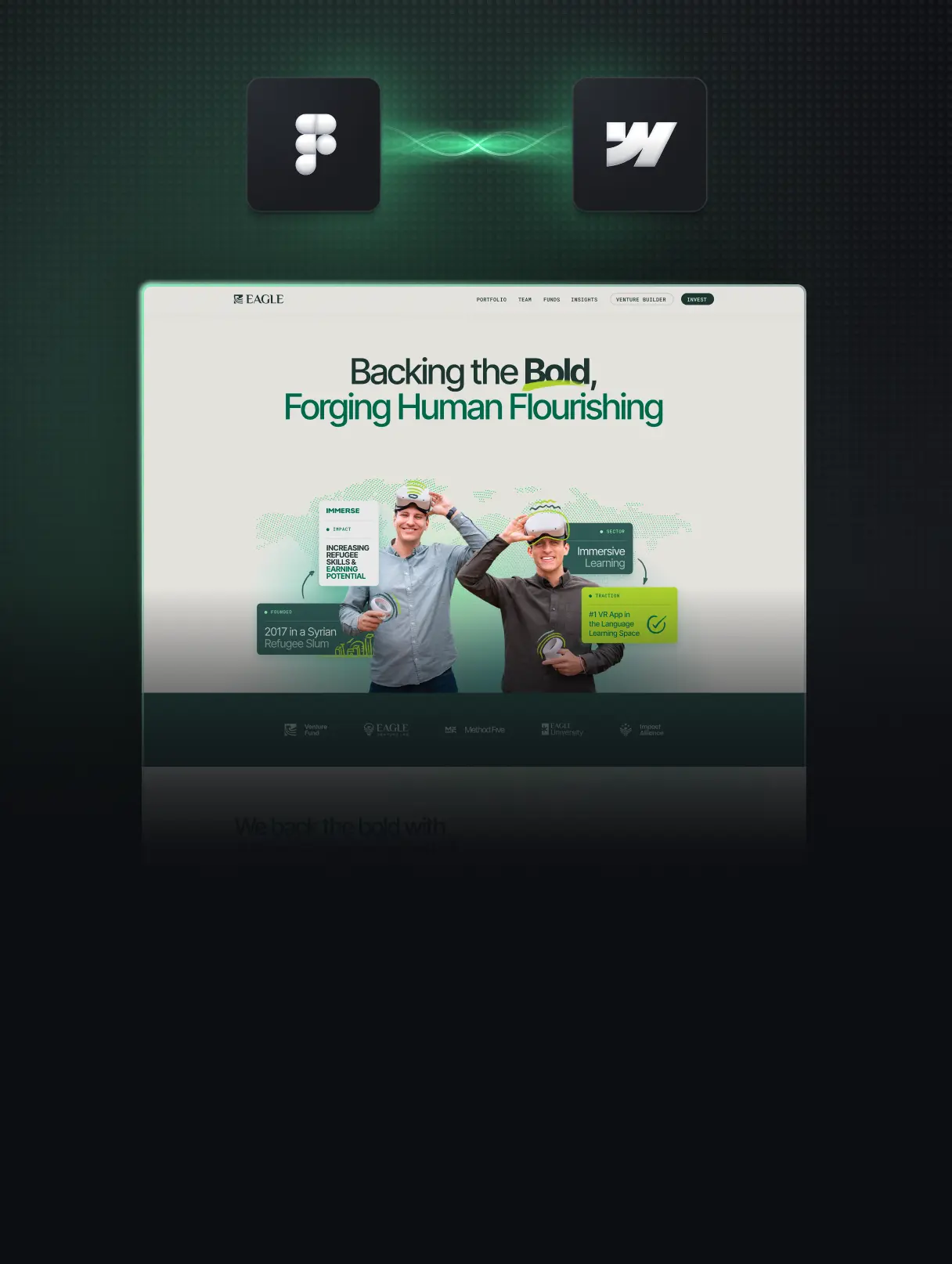Website page showing two men wearing virtual reality headsets with text about immersive learning and refugee skills development under the headline 'Backing the Bold, Forging Human Flourishing'.