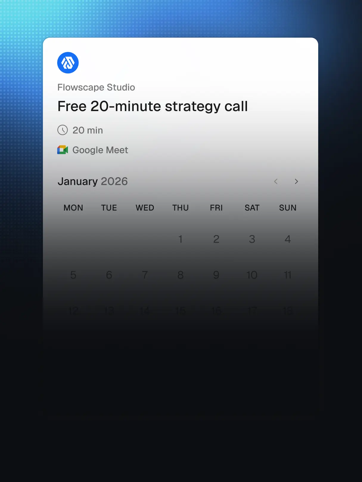 Calendar interface for scheduling a free 20-minute strategy call via Google Meet in January 2026, by Flowscape Studio.