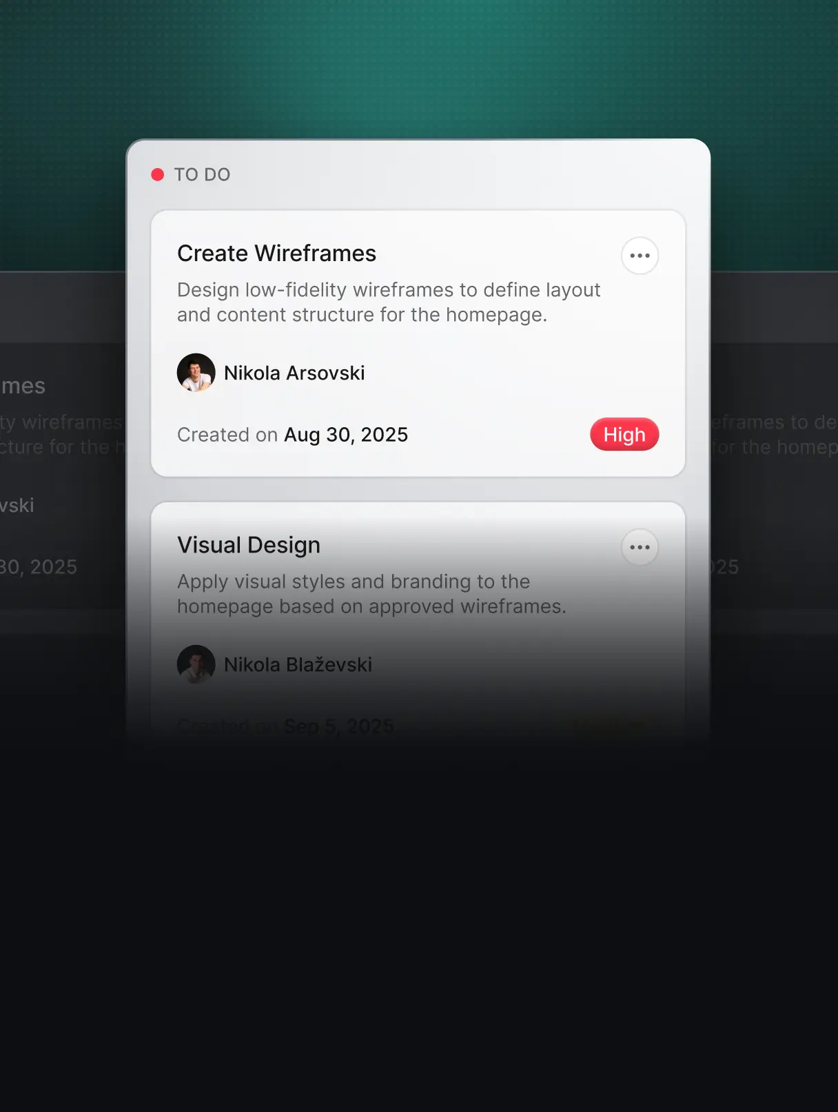 To Do list card showing task 'Create Wireframes' assigned to Nikola Arsovski with high priority and created on Aug 30, 2025.