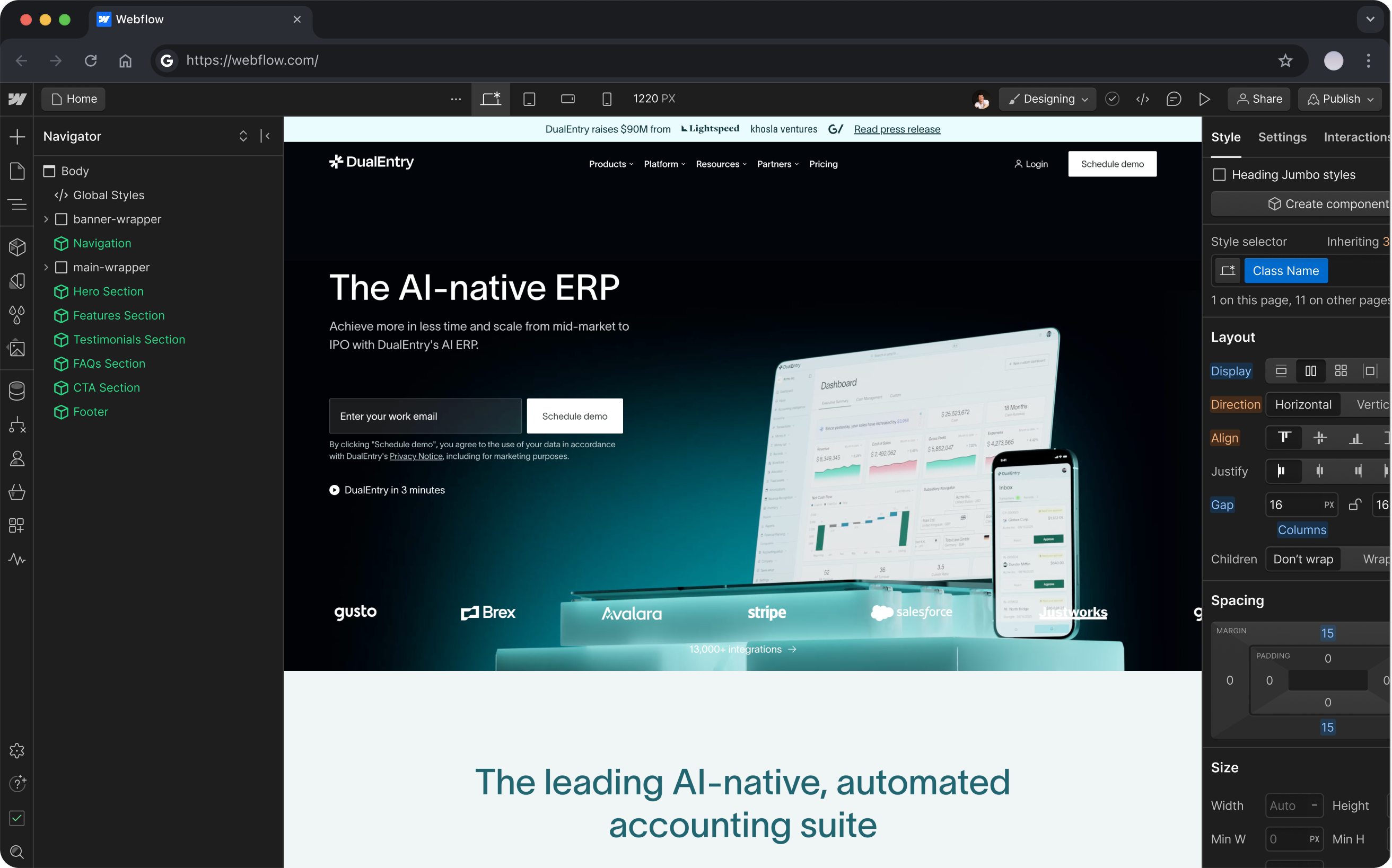 Webflow design interface showing a webpage for DualEntry, an AI-native ERP with dashboard and scheduling demo options.