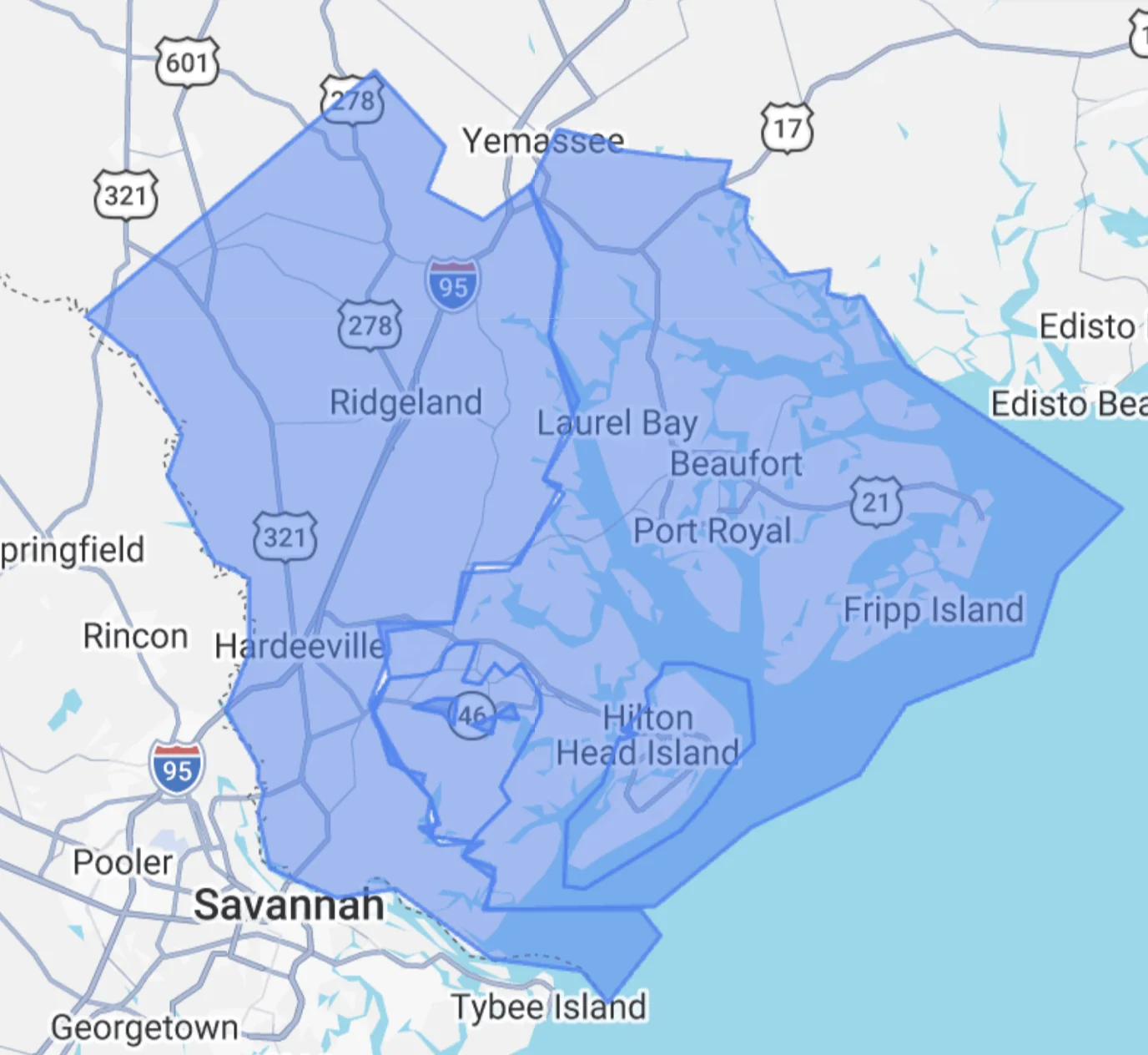 Map of the Peak 6 Builders service area covering Beaufort and Jasper Counties, from Hardeeville and Ridgeland to Hilton Head Island, Beaufort, and Fripp Island