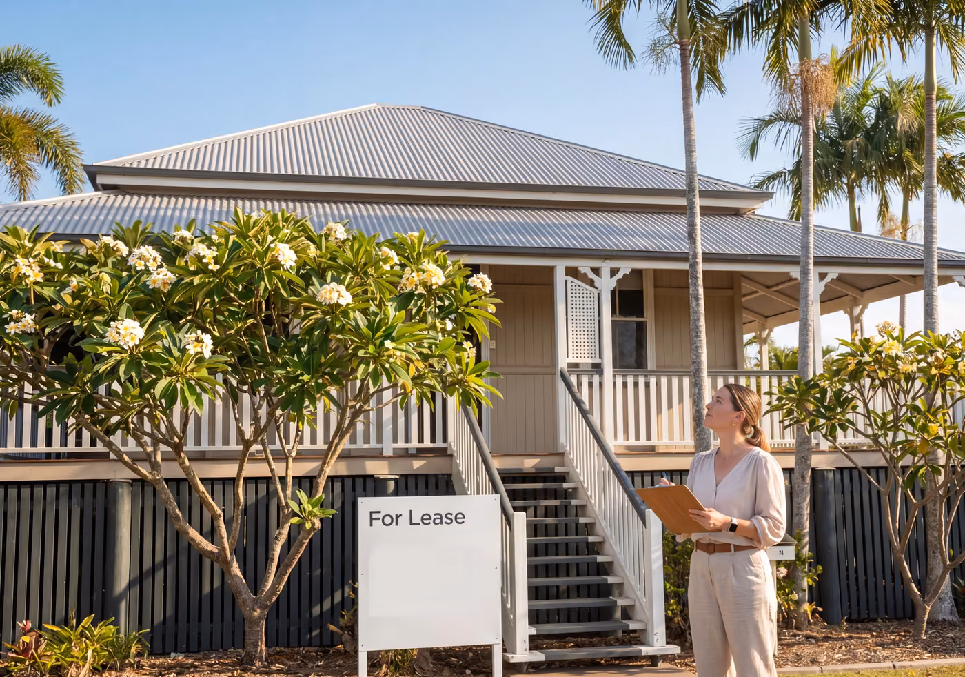 Property manager with a clipboard outside a Queenslander home with a For Lease sign