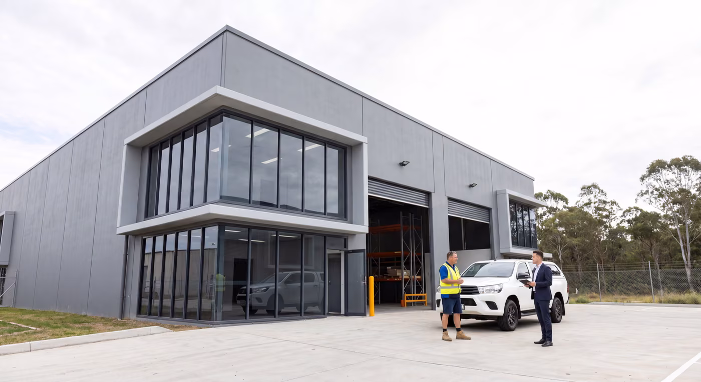 Commercial agent meeting clients outside a modern industrial warehouse with roller door and office frontage