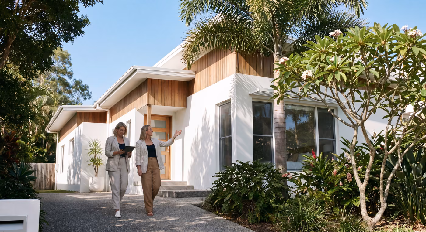 Buyer's agent walking a client up the driveway of a contemporary Queensland home