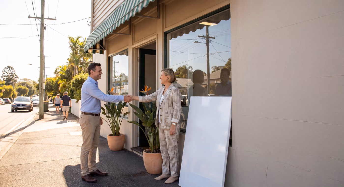 Business broker shaking hands with a shop owner outside a retail storefront