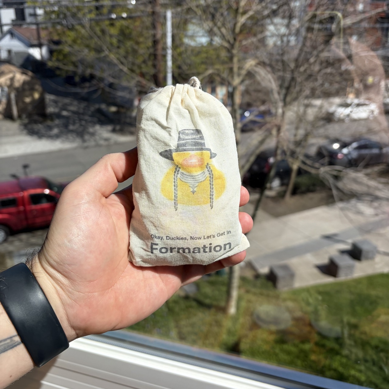 A photo of the game "Okay, Duckies, Now Let's Get In Formation". The game is a small bag, with a image of a Beyoncé duck and the name of the game.