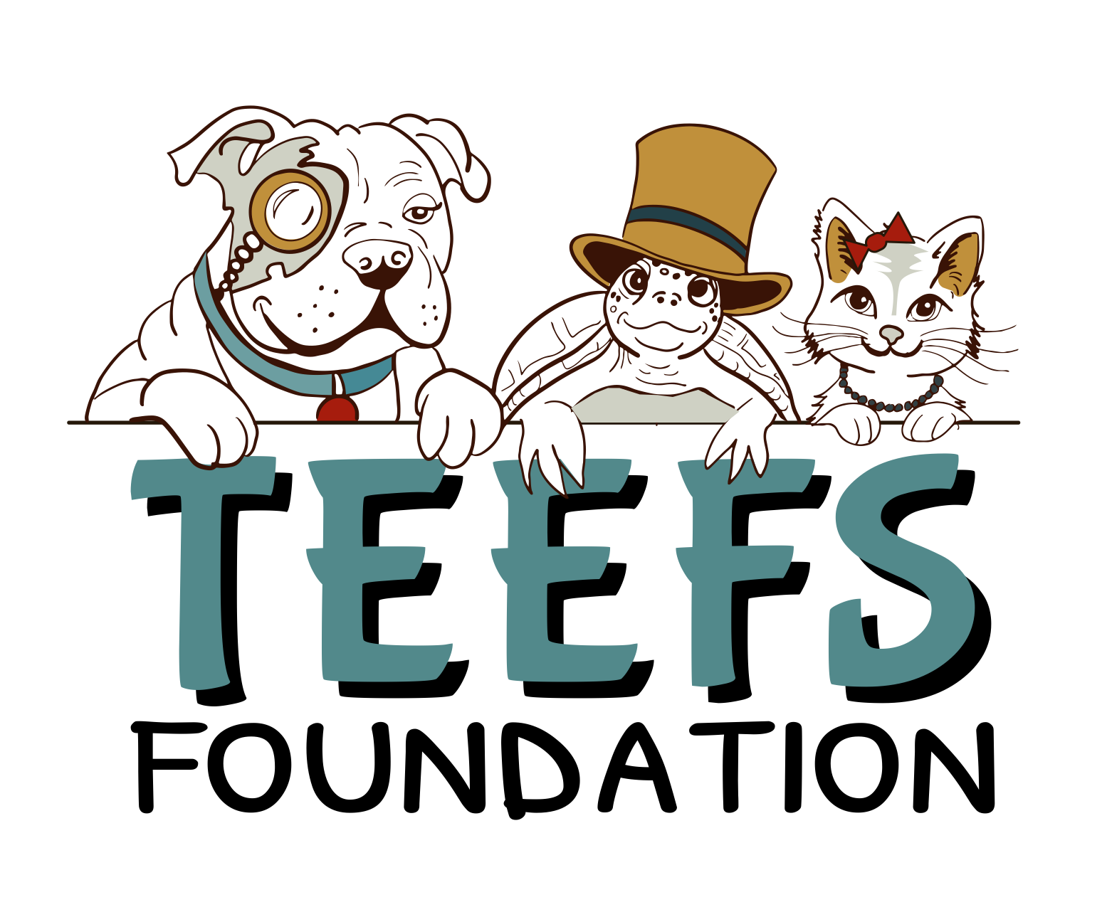 Cartoon dog, turtle, and cat posing with Teefs Foundation logo