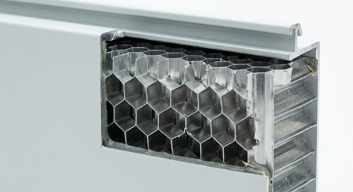 Close-up of a metal honeycomb core structure inside an aluminum frame.