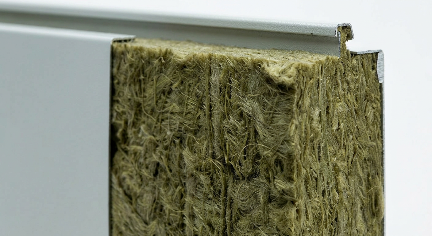 Close-up of mineral wool insulation panel with foil facing on one edge.
