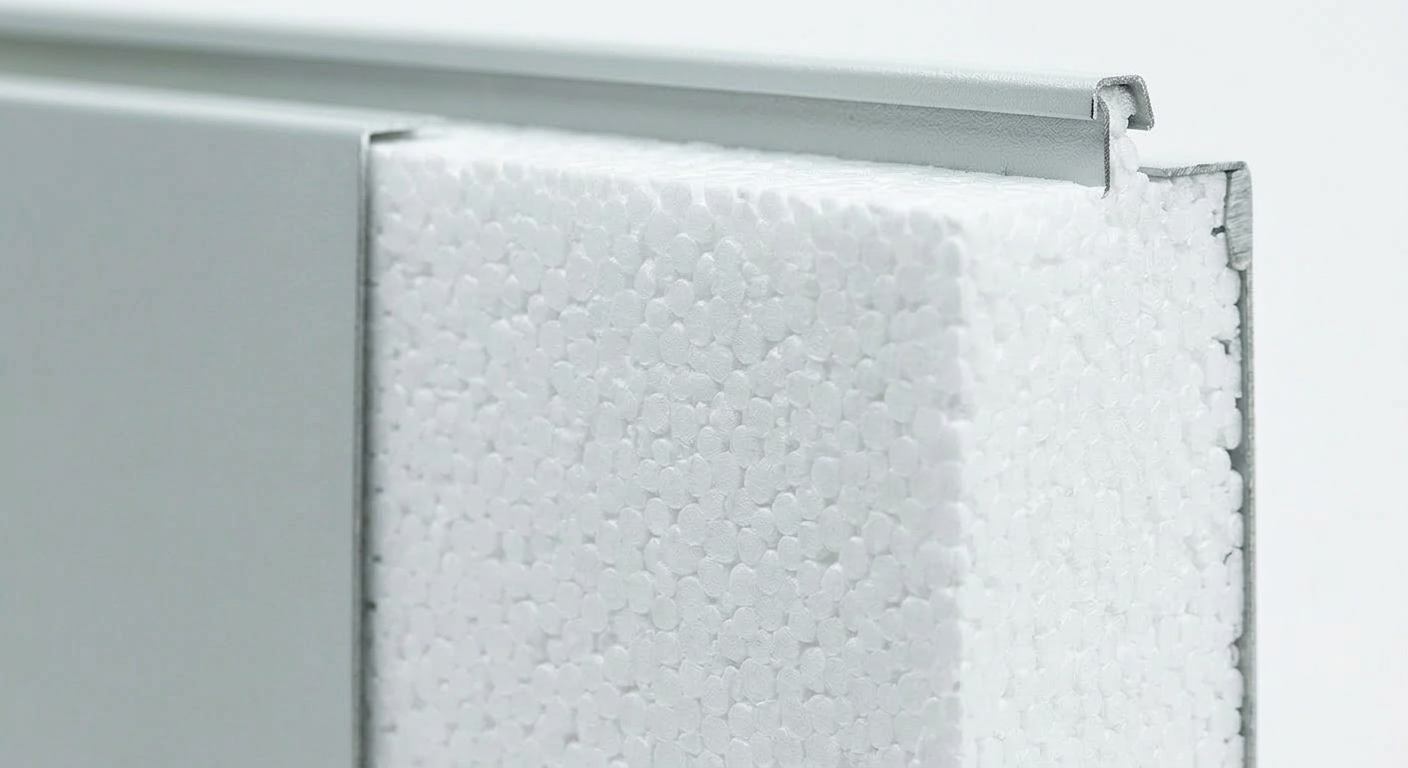 Close-up of a white polystyrene foam core encased in a metal frame.