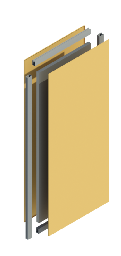 Exploded render of the Moddulx panel sheet, the uPVC-coated GI face layer