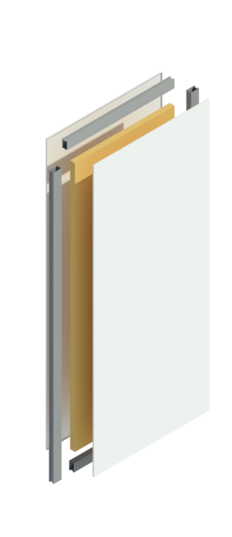 Exploded render of the Moddulx panel core, the aluminium honeycomb structural layer