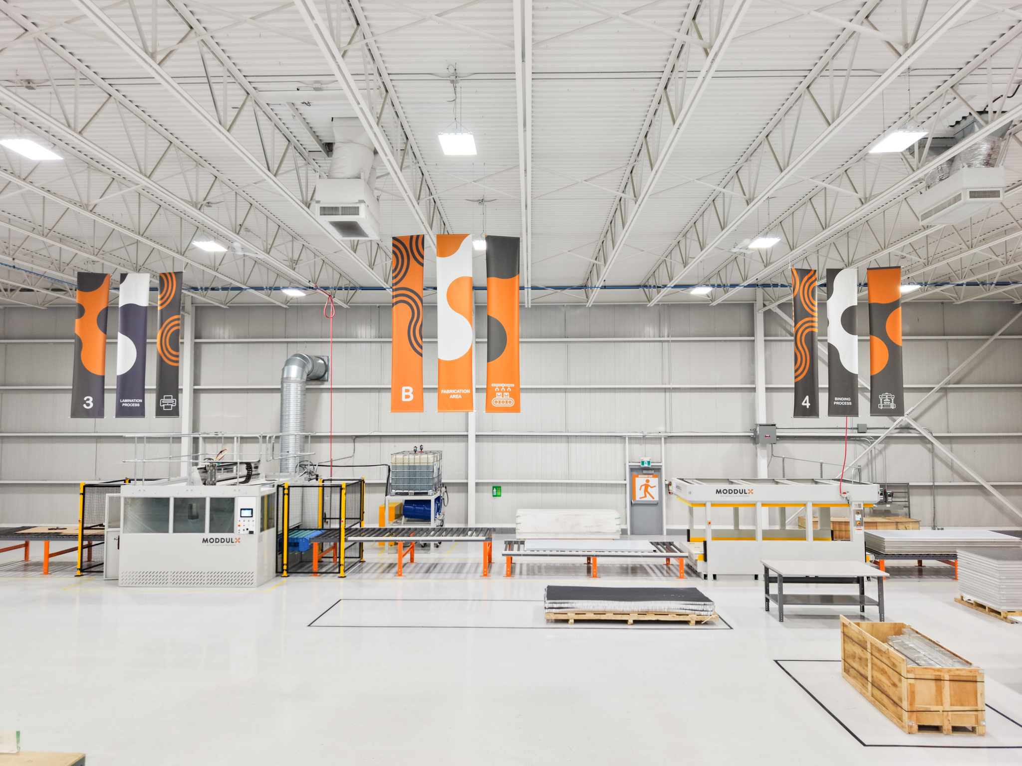 Wide interior view of the Moddulx panel manufacturing plant in Windsor, Ontario