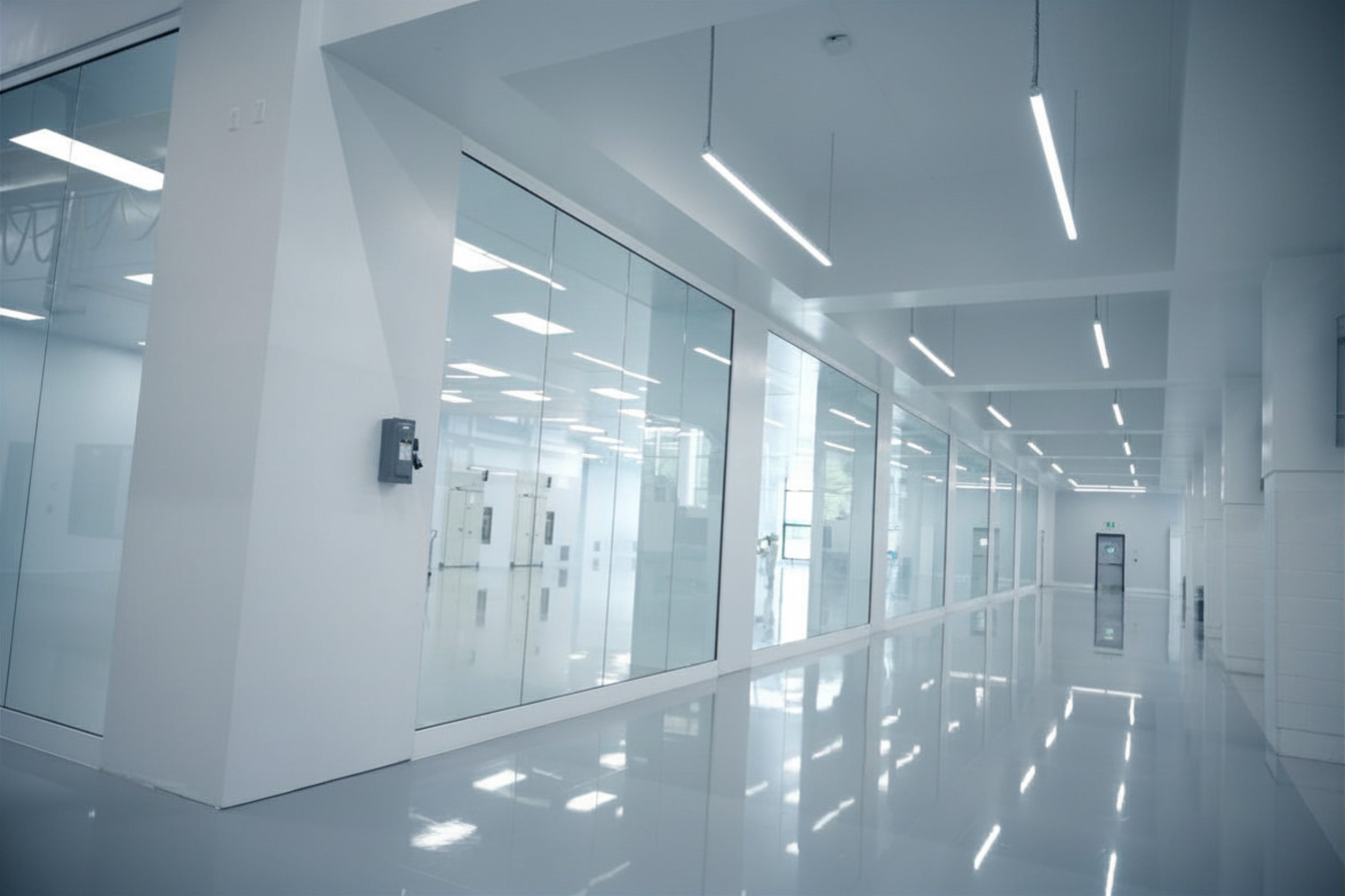 Finished ISO Class 8 cleanroom envelope with modular wall and ceiling panels and window wall — GMP cleanroom construction Canada by Moddulx