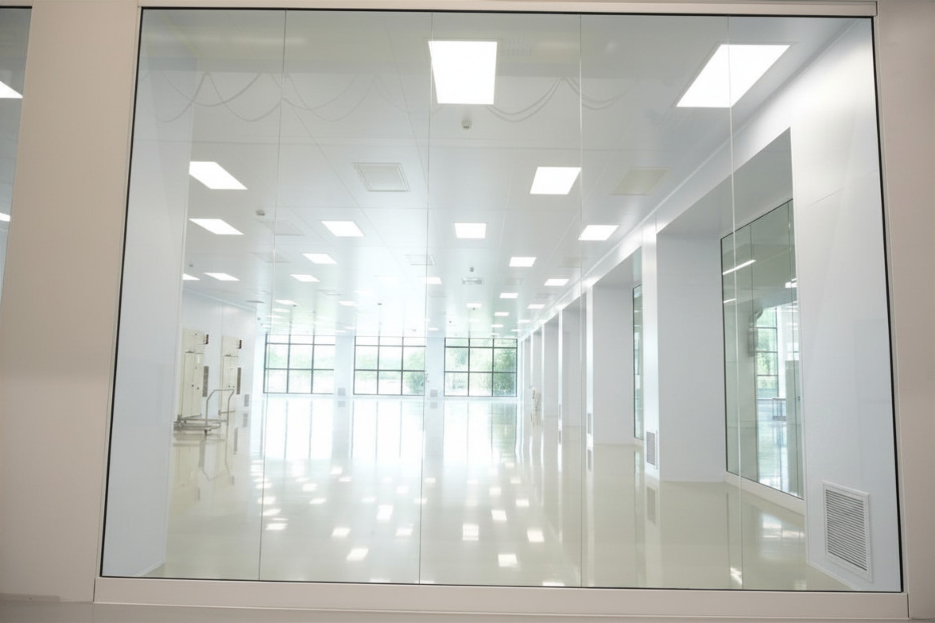 Continuous cleanroom ceiling panel grid above glass partition walls in a finished ISO 14644 facility — cleanroom panel supplier Windsor Ontario