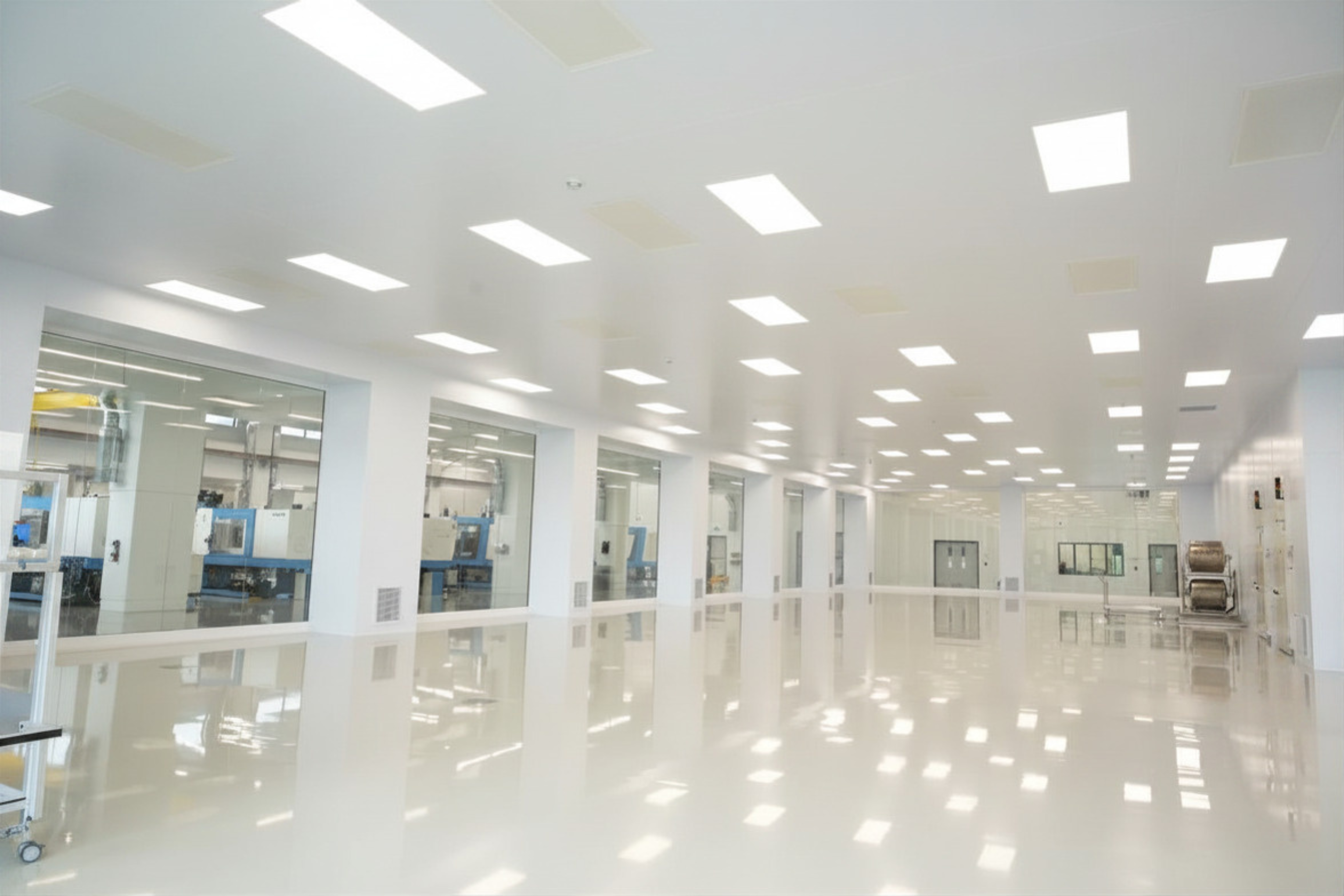 Bright glass-walled cleanroom corridor with modular wall panels and LED lighting in a GMP pharmaceutical facility — modular cleanroom manufacturer Moddulx