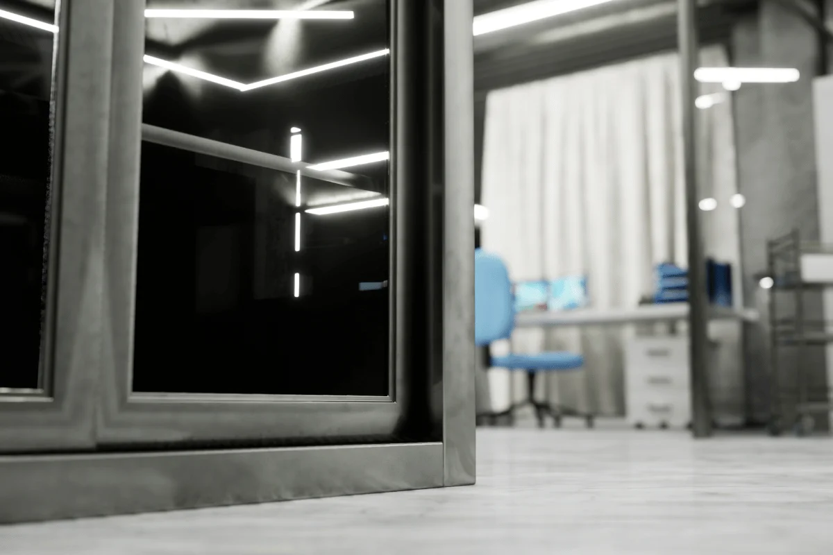 Close-up of a modern office space with glass partitions reflecting linear LED lights. A desk with a blue chair and computer is visible in the blurred background.